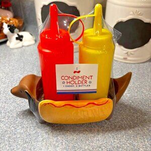 Daschund Shape Condiment Holder Caddy and 2 Bottles NIP